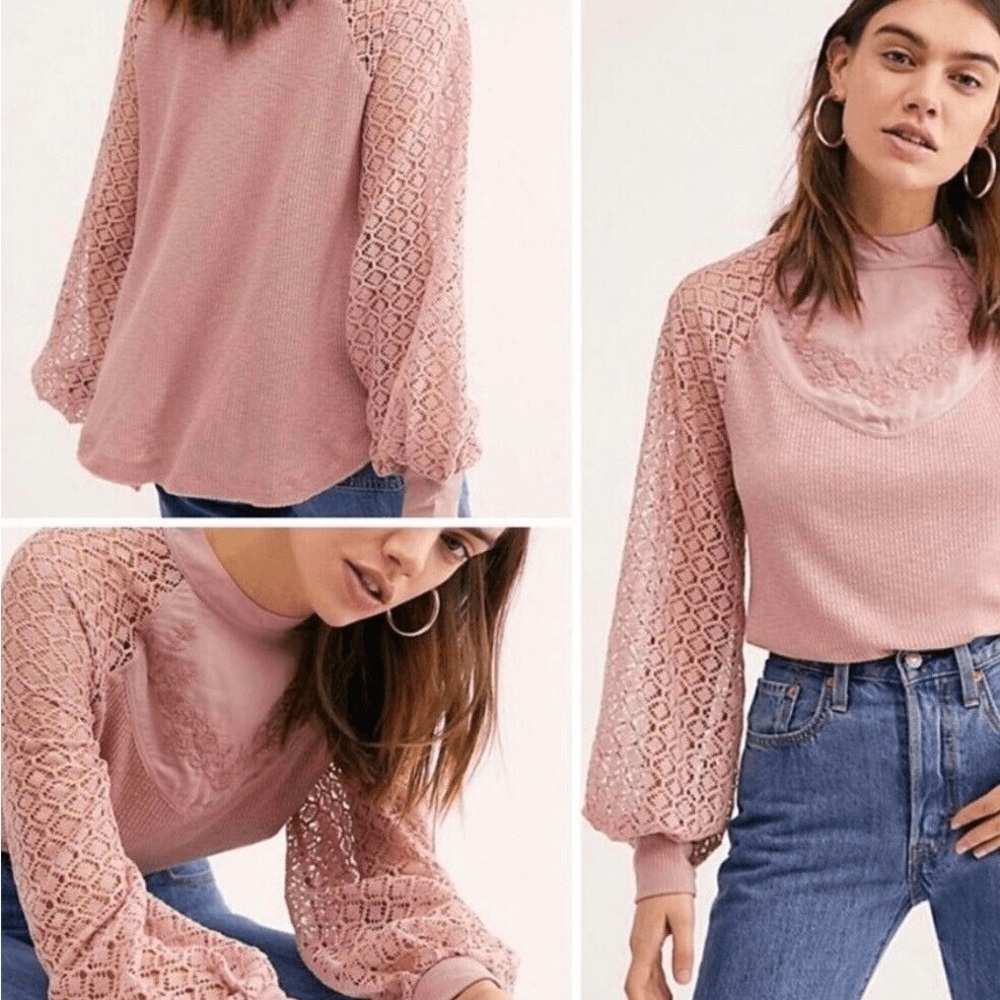 $78 Free People Women sz S Sweetest Thing Lace Sleeve Thermal Top Blush